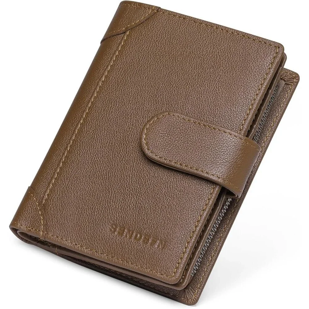 Men's F-Brown Genuine Leather Bifold Wallet Blocking Credit Card Coin Pocket